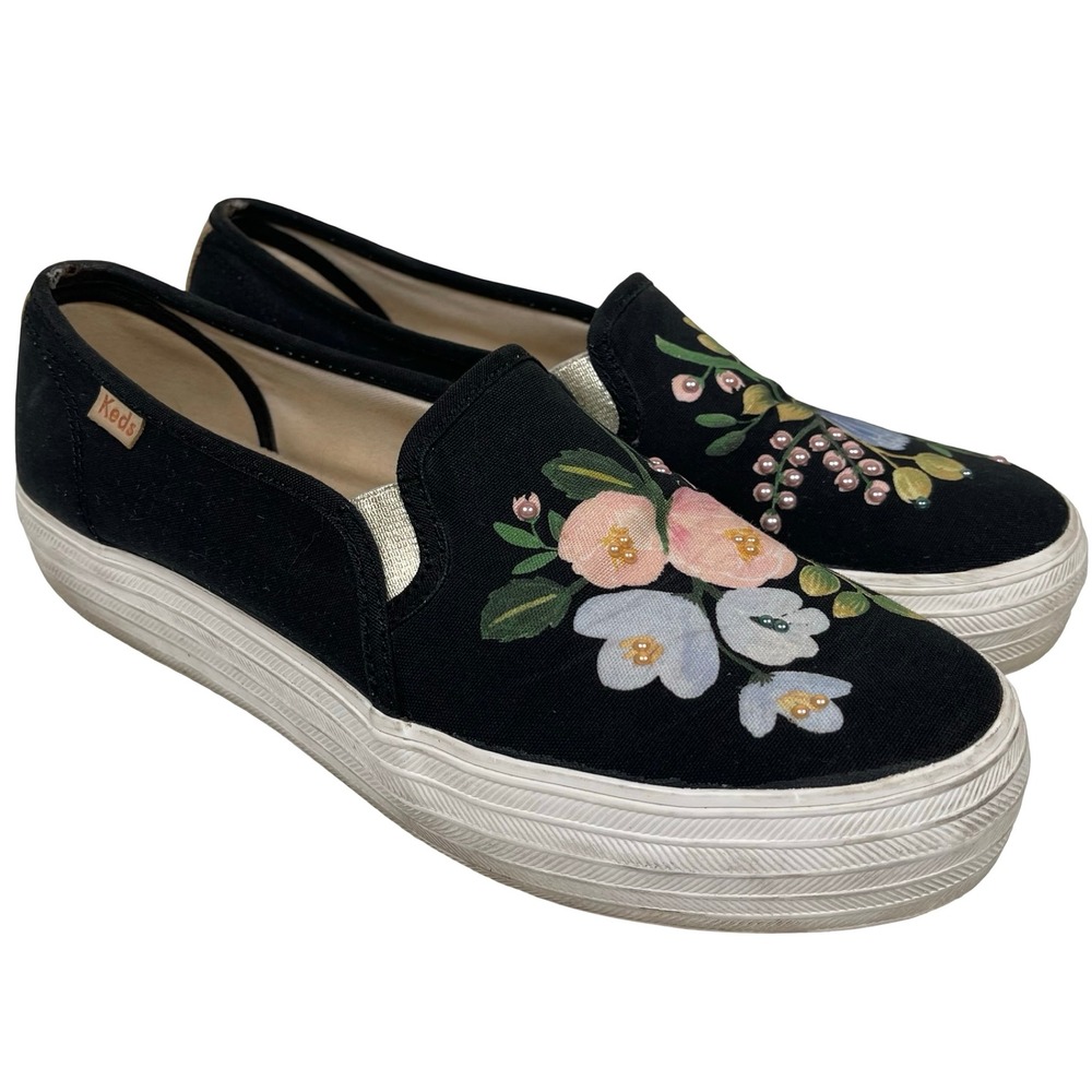 Keds Rifle Paper Co Floral Platform Slip On Sneakers‎ Women 7.5 Black Beaded